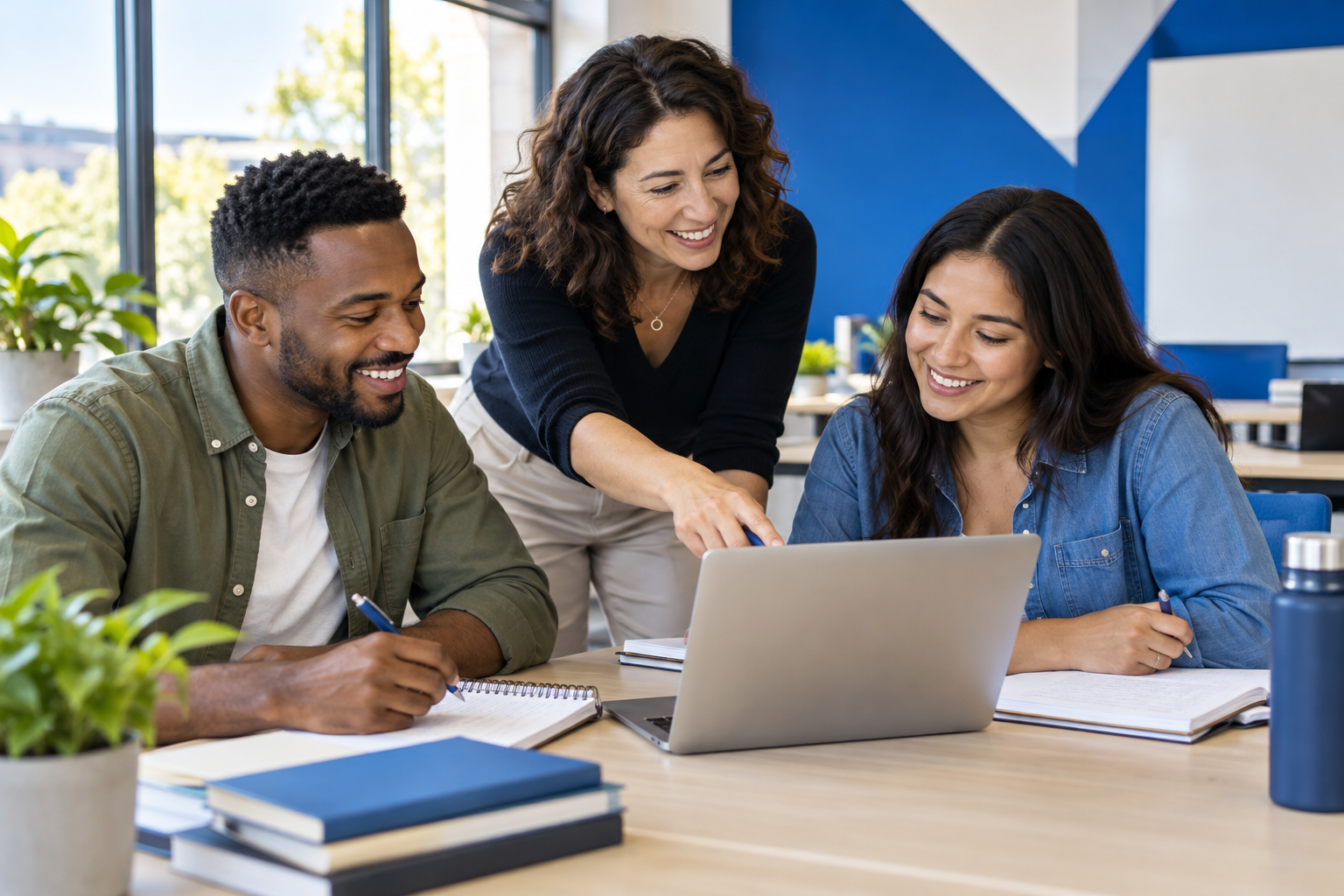 An instructor collaborating with two adult learners at a bright classroom table