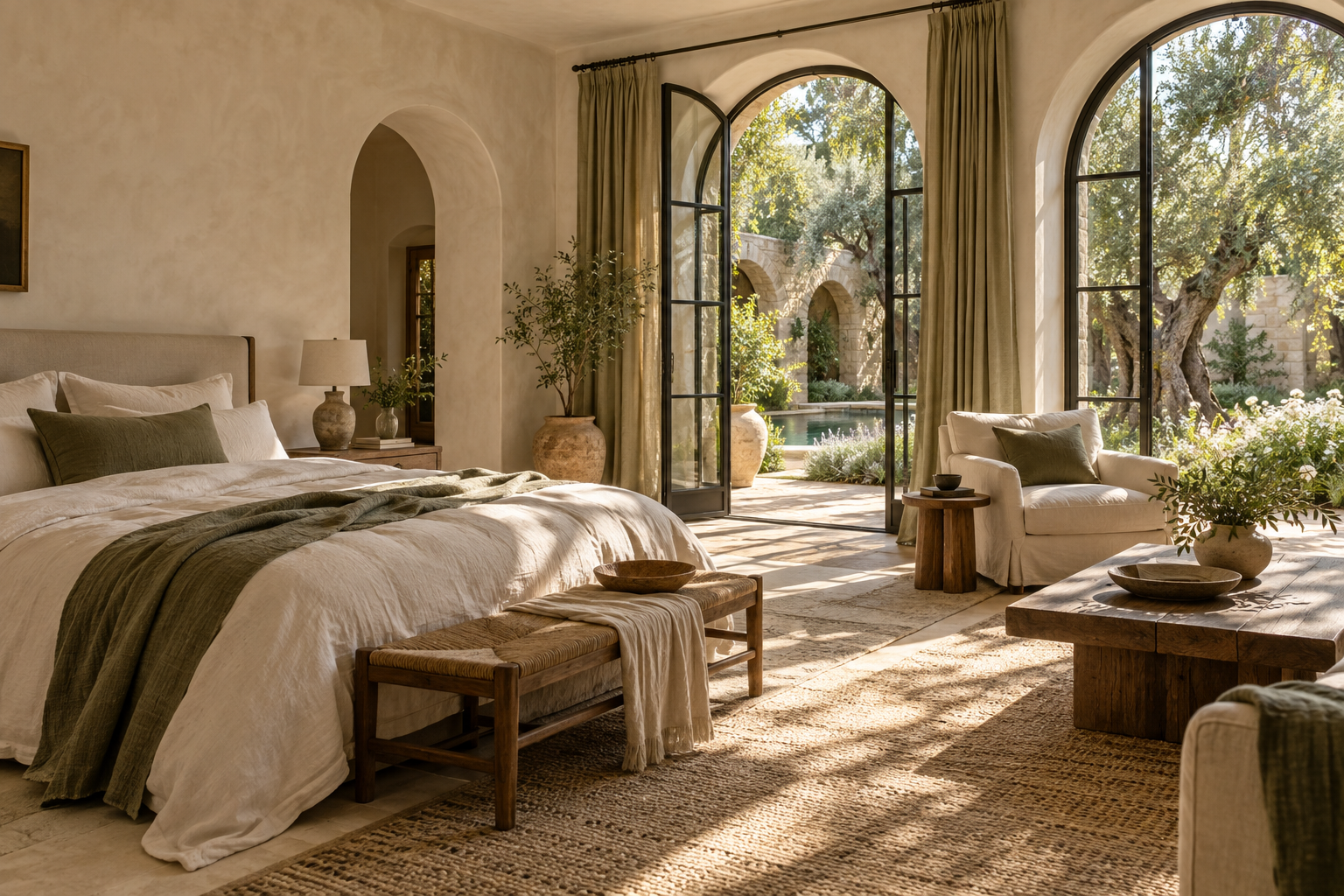 An airy boutique guest suite with a linen bed and garden views