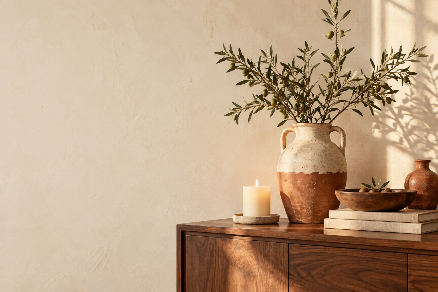 Terracotta pottery, olive branches, a candle and a wooden bowl on a warm oak console