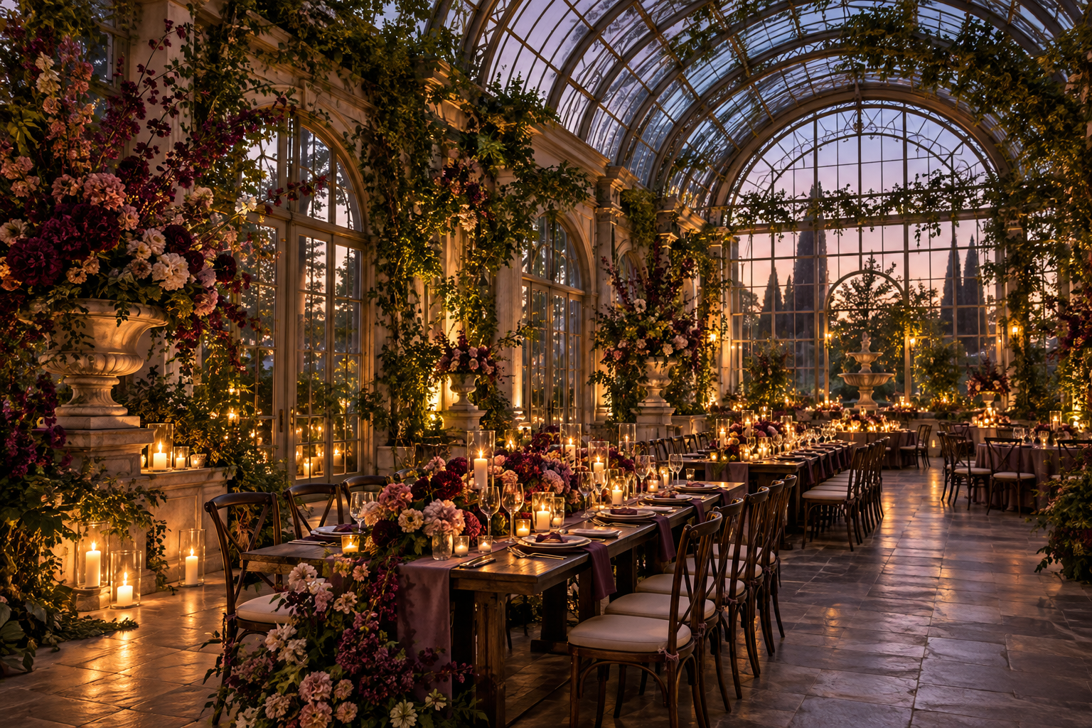 A fictional conservatory reception venue with florals and candlelit tables