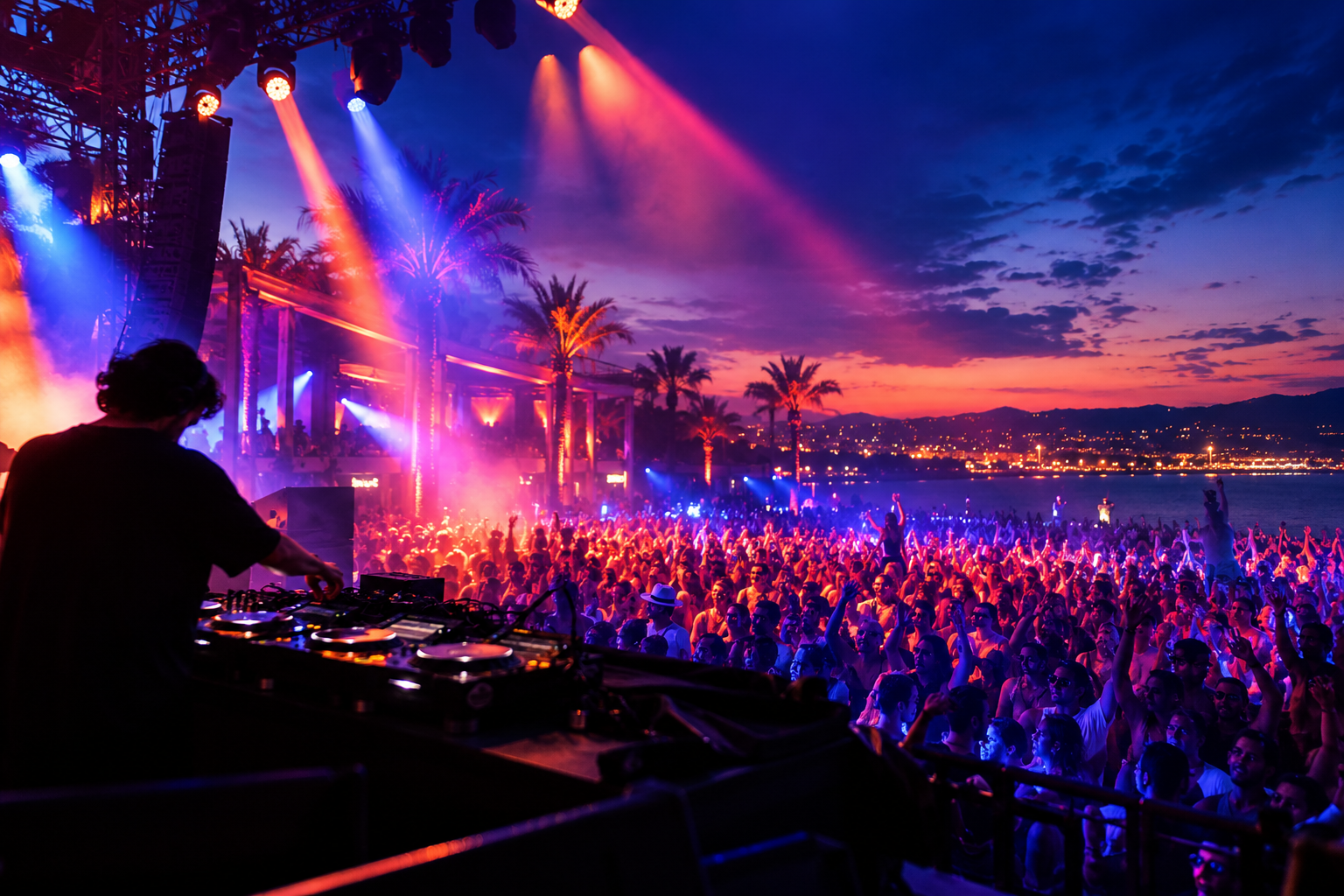 Concept nighttime outdoor music event with a DJ, vivid lights, and an adult crowd