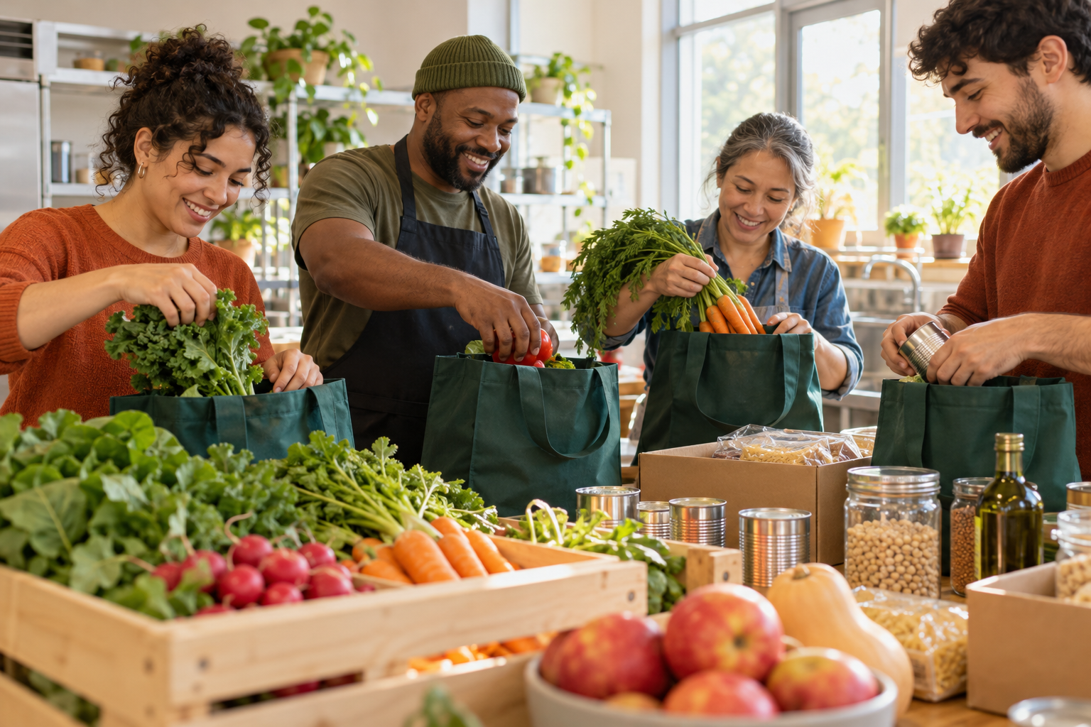 Adults packing vegetables into tote bags in a community kitchen